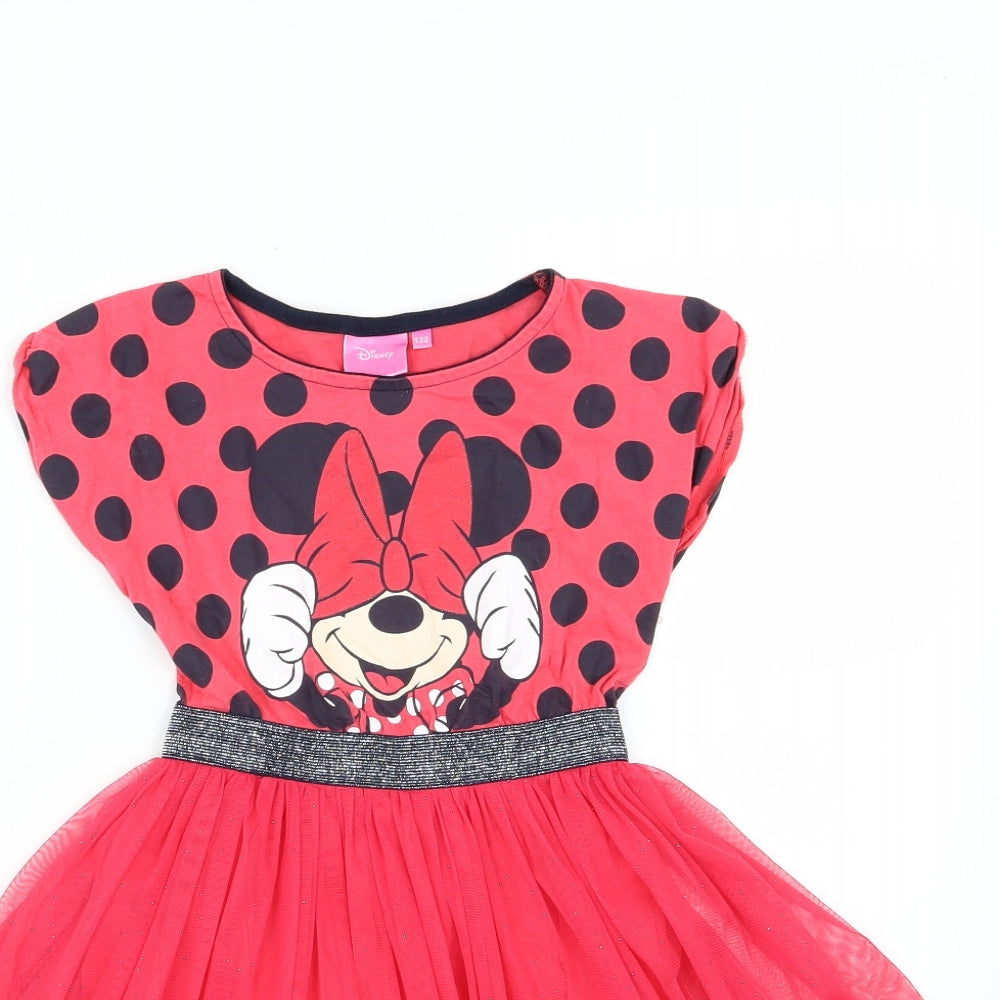 Disney Girls Red Polka Dot Jersey Skater Dress  Size 7 Years  - Minnie Mouse
