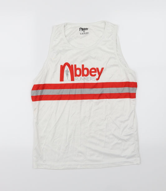 Front view of Abbey Runners men’s white striped basic tank, size M