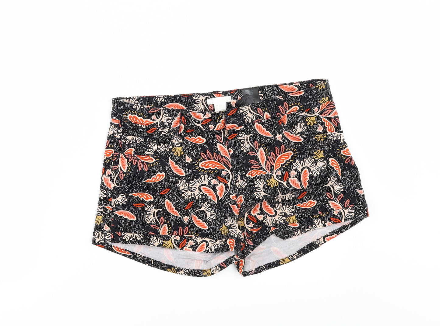 H&M Womens Black Floral Denim Hot Pants Shorts Size 12