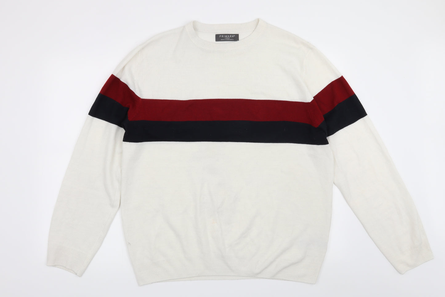 Primark Mens White Striped  Pullover Jumper Size L