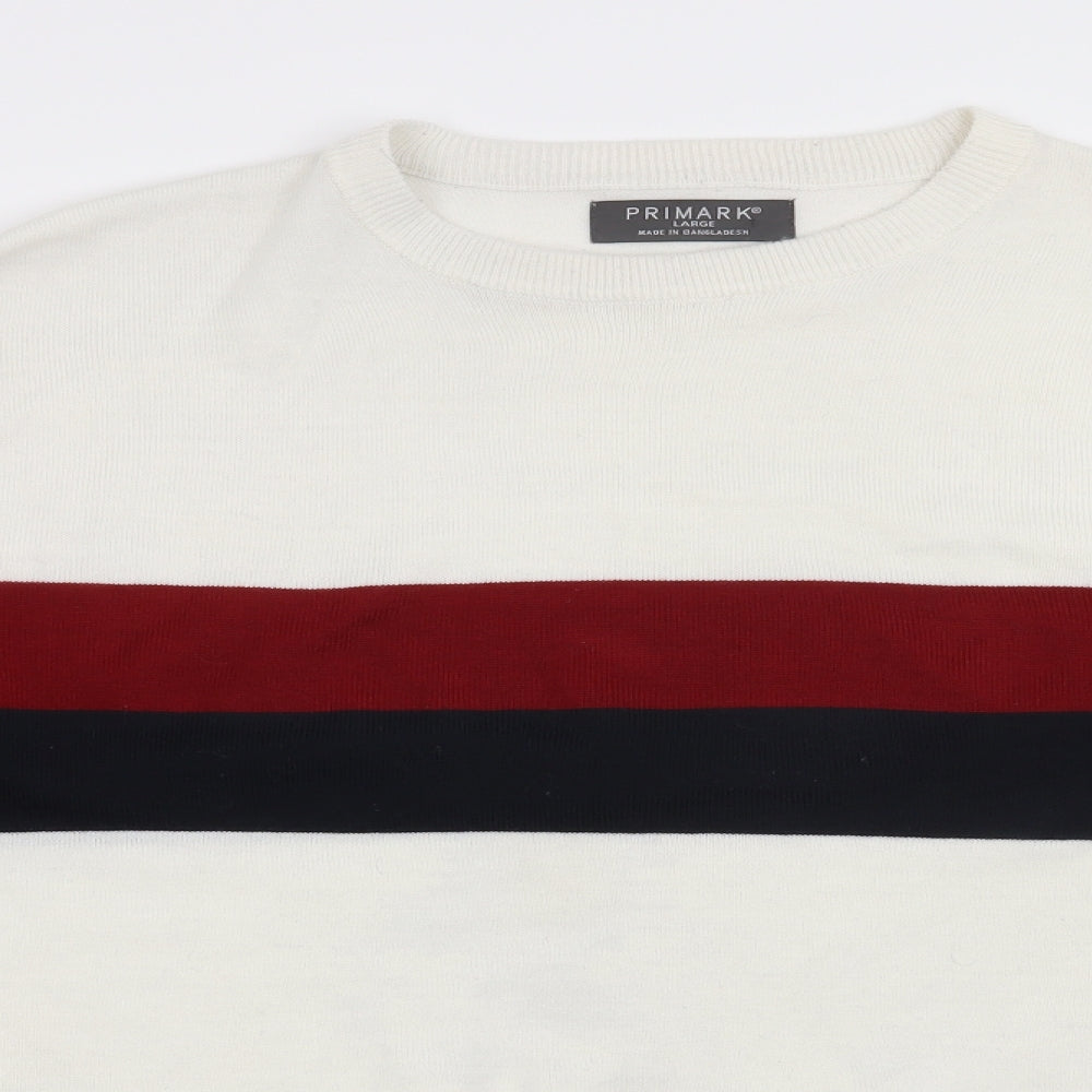 Primark Mens White Striped  Pullover Jumper Size L