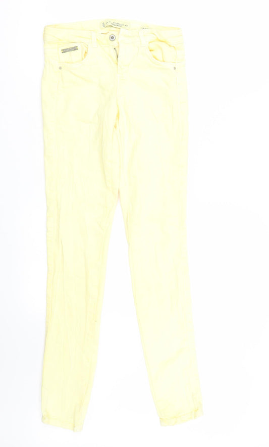 Front view of Bershka women’s yellow skinny jeans, size UK 34, 31-inch leg