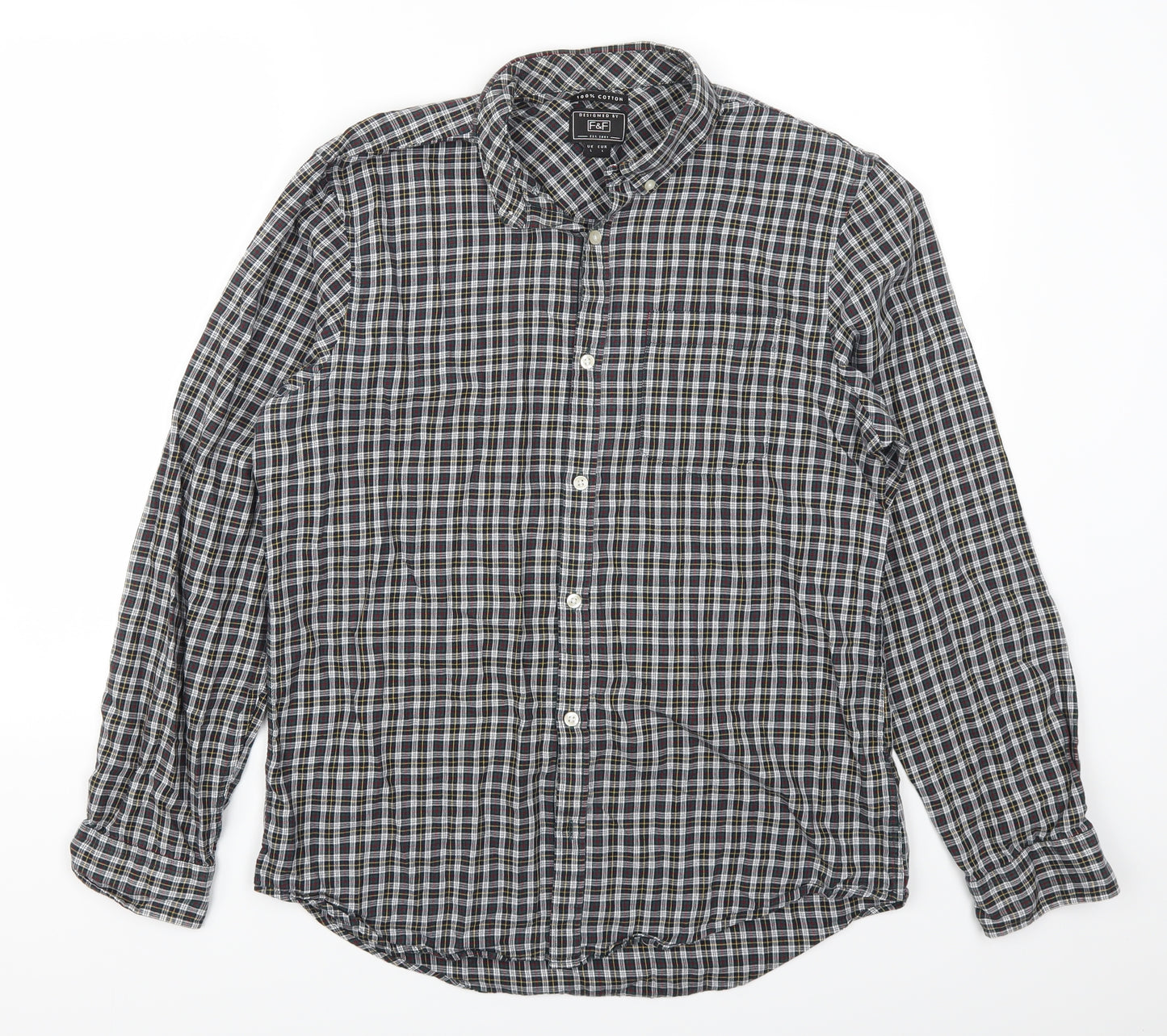 F&F Mens Grey Check Damask  Button-Up Size L  - Yellow and Red Check