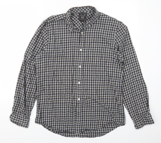 Front view of F&F men’s grey check damask button-up, size L, - yellow and red check