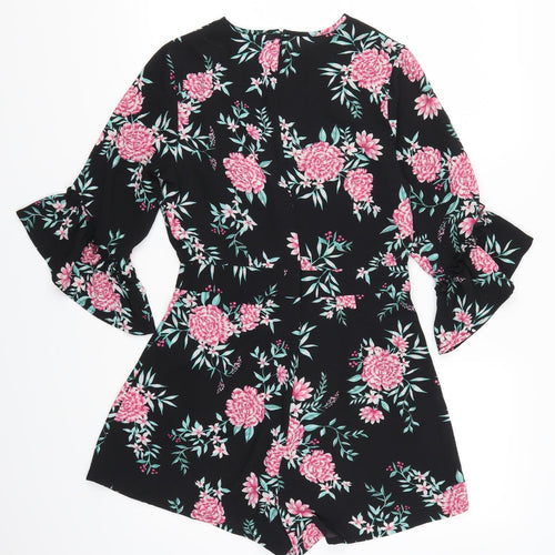 Primark Womens Black Flecked  Playsuit One-Piece Size 8 L3 in - Pink Flowers