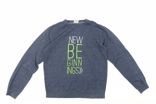 Front view of All We Do is men’s blue jumper, size M
