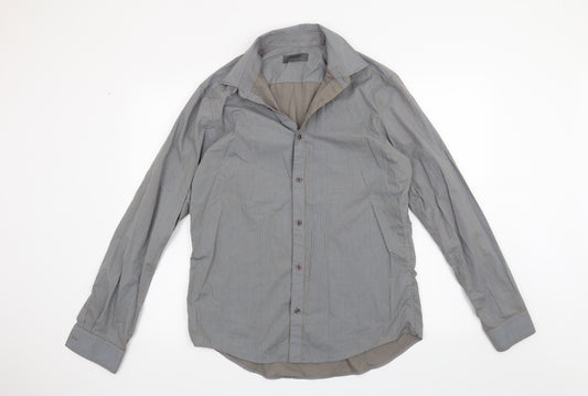 Front view of Burton men’s grey striped button-up, size M