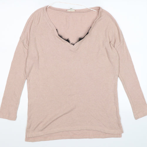 River Island Womens Pink Striped Knit Pullover Jumper Size 6  - lace neckline