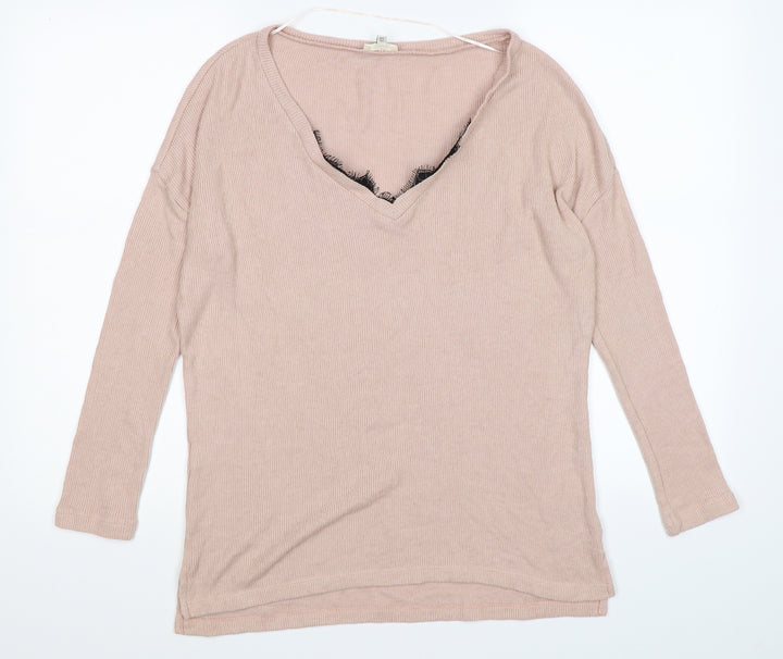 River Island Womens Pink Striped Knit Pullover Jumper Size 6  - lace neckline