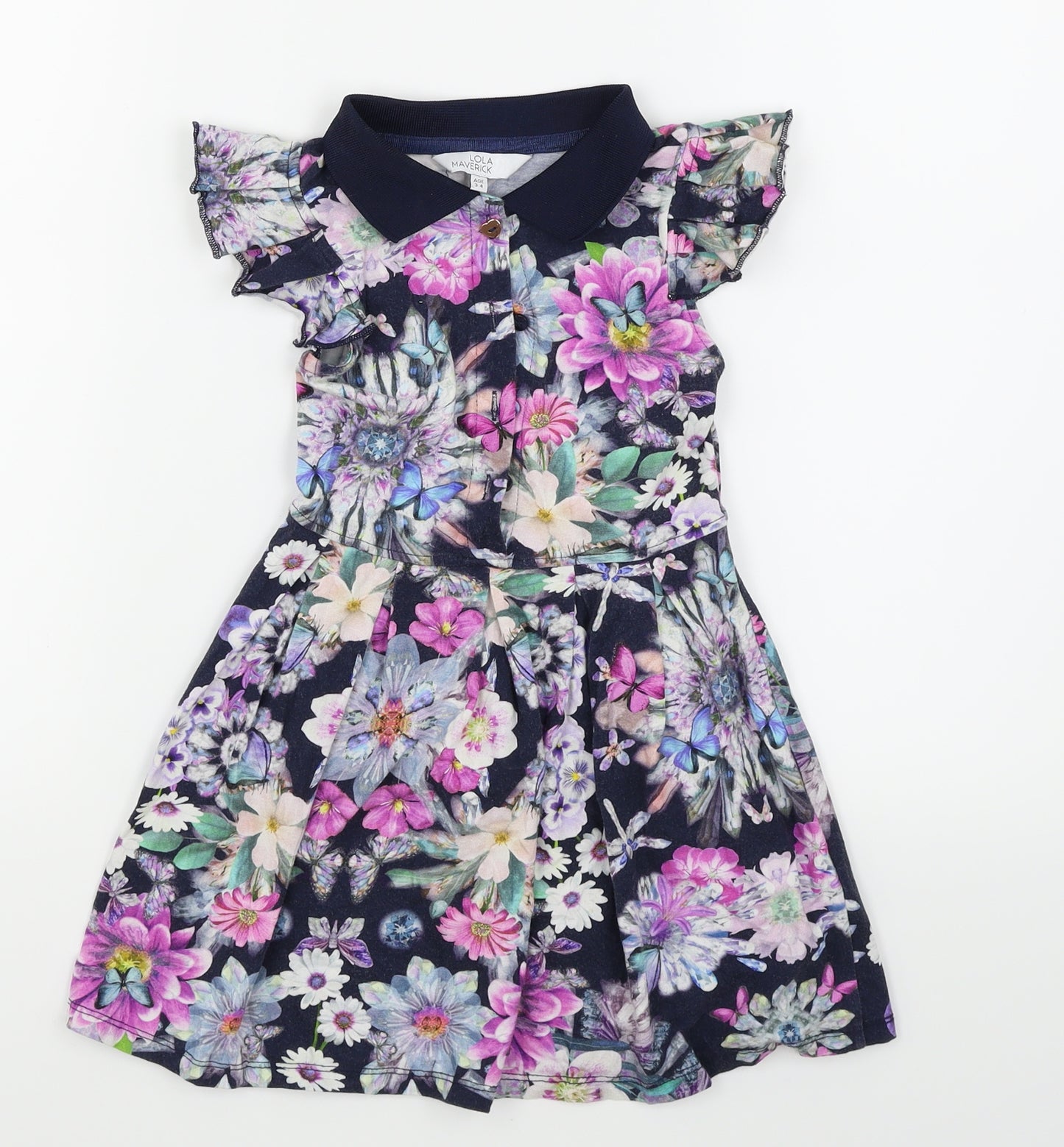 Lola Maverick Girls Blue Floral  Skater Dress  Size 3-4 Years