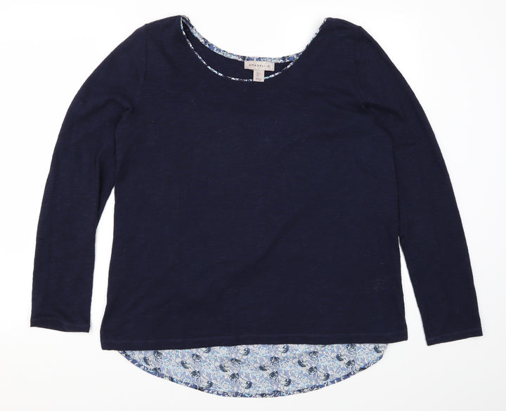 Amaryllis Womens Blue Floral Rayon Basic T-Shirt Size L