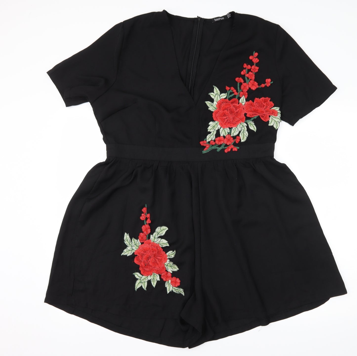 Boohoo Womens Black Floral  Playsuit One-Piece Size 16 L3 in