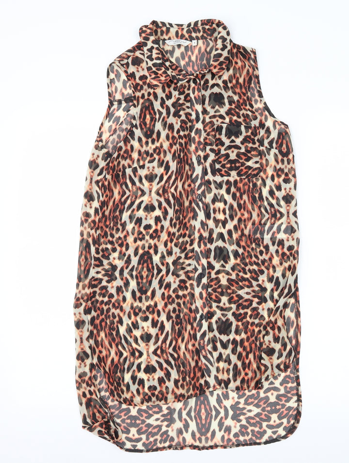 New Look Womens Brown Animal Print Basic Blouse Size 8 - sheer