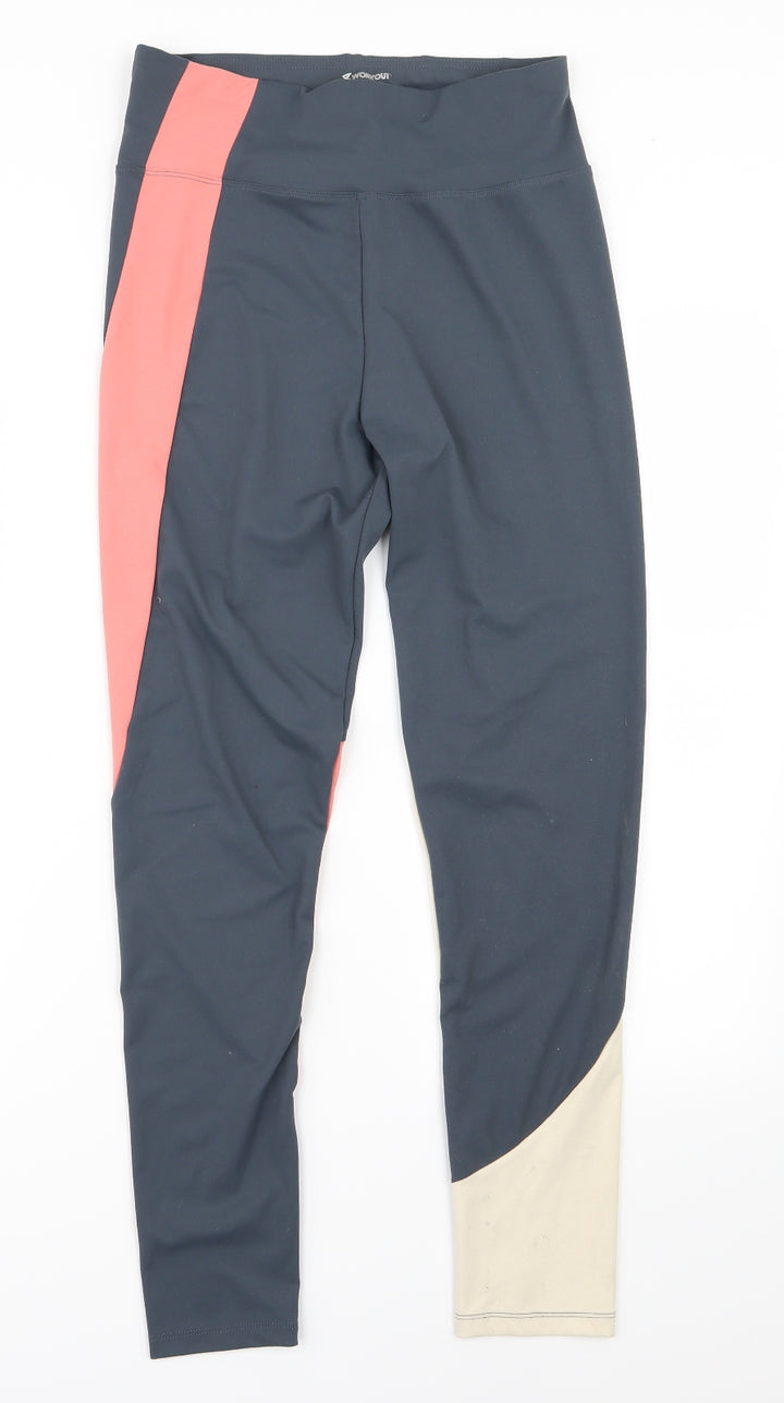 Workout Womens Grey Colourblock Compression Leggings Size M L27 in
