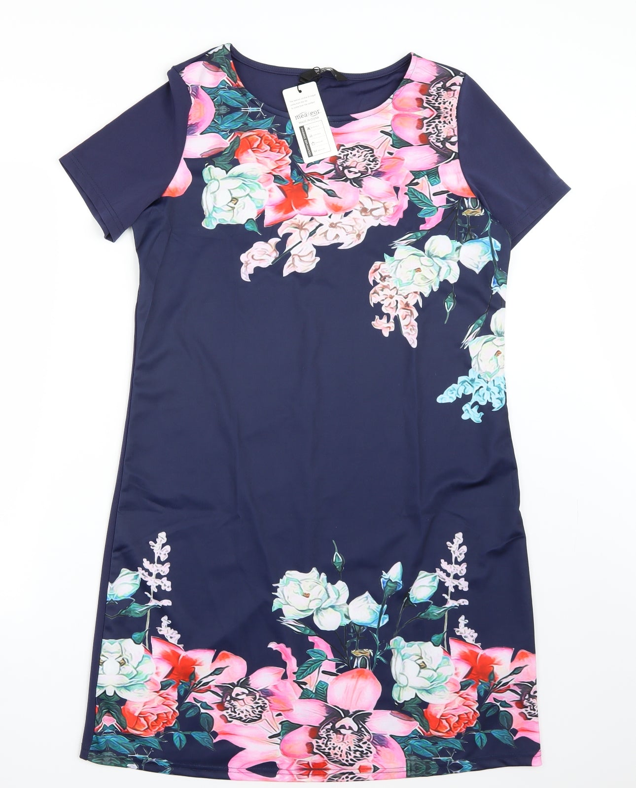 Meaneor Womens Blue Floral  A-Line  Size L
