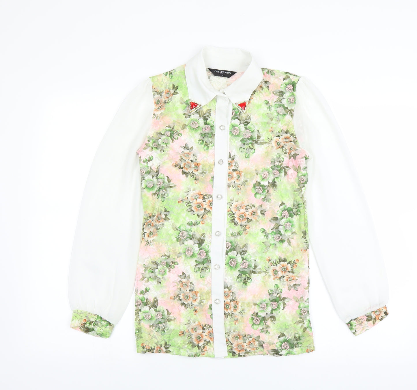 Collection London Womens Green Floral  Basic Blouse Size S  - sheer lace