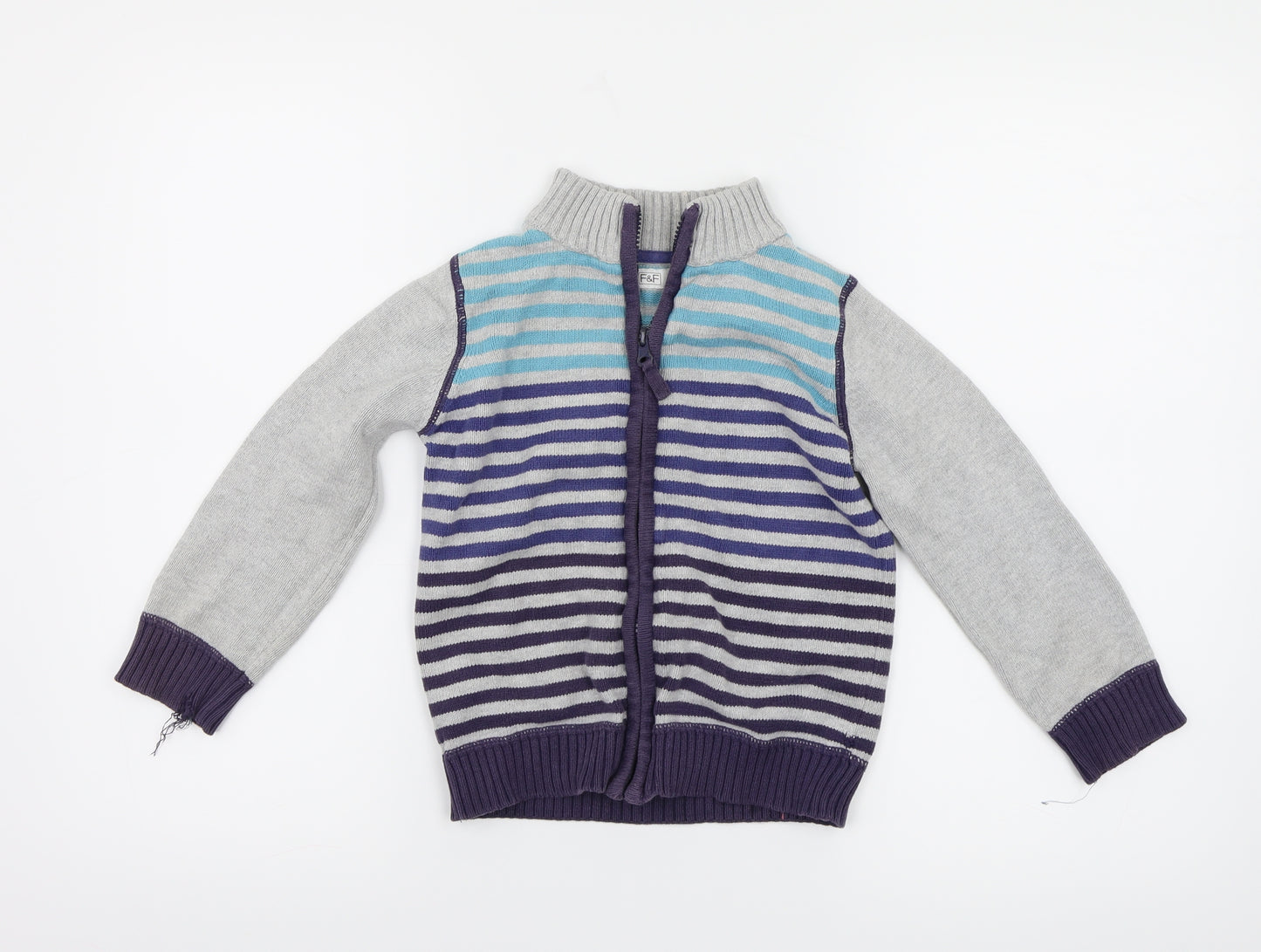 F&F Girls Grey Striped  Full Zip Jumper Size 5-6 Years