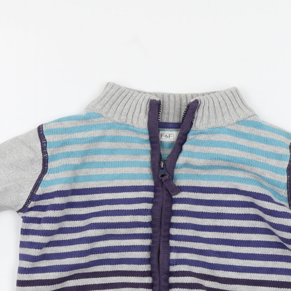 F&F Girls Grey Striped  Full Zip Jumper Size 5-6 Years