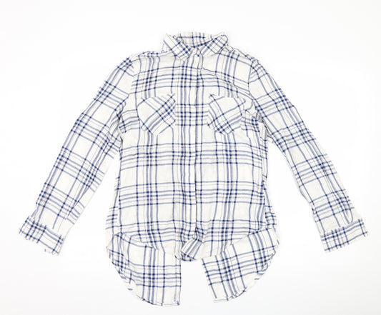 Front view of Alexander Jordan women’s white check basic button-up, size S