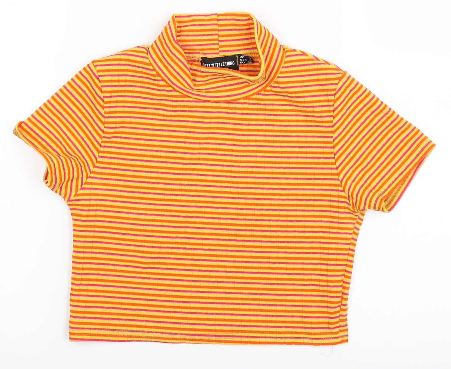 PRETTYLITTLETHING Womens Orange Striped  Cropped T-Shirt Size 8