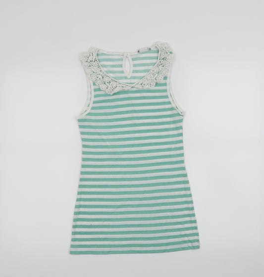 Front view of Clockhouse women’s green striped basic tank, size M