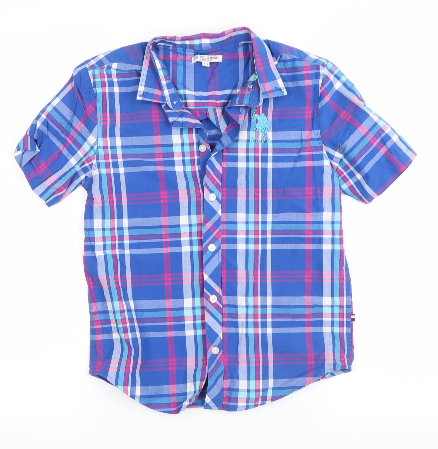 U.S Polo Assn  Boys Blue Plaid  Basic Button-Up Size 8-9 Years