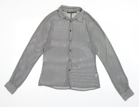 Front view of Top Secret women’s black striped basic button-up, size UK 10