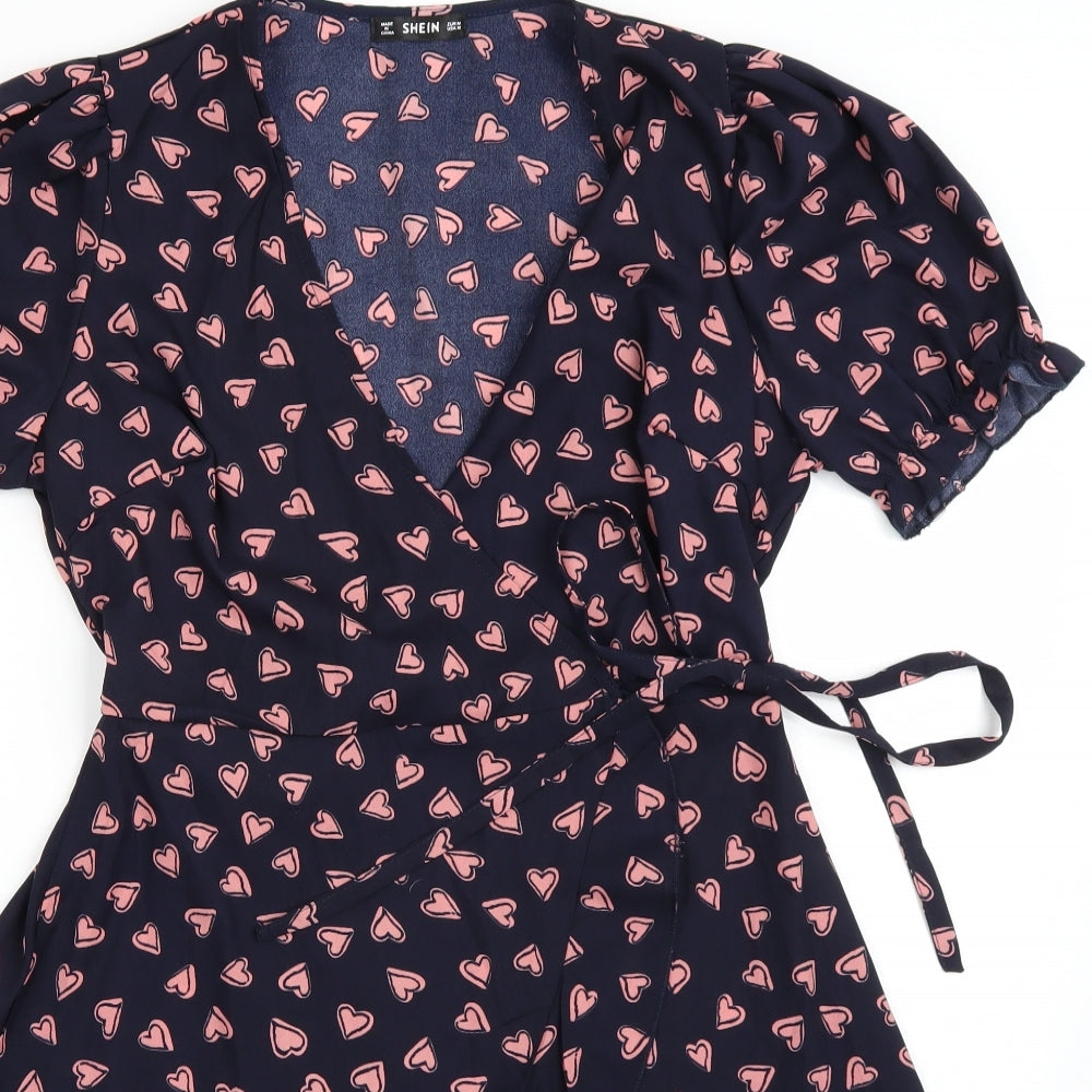 SheIn Womens Blue Polka Dot  Wrap Dress  Size M