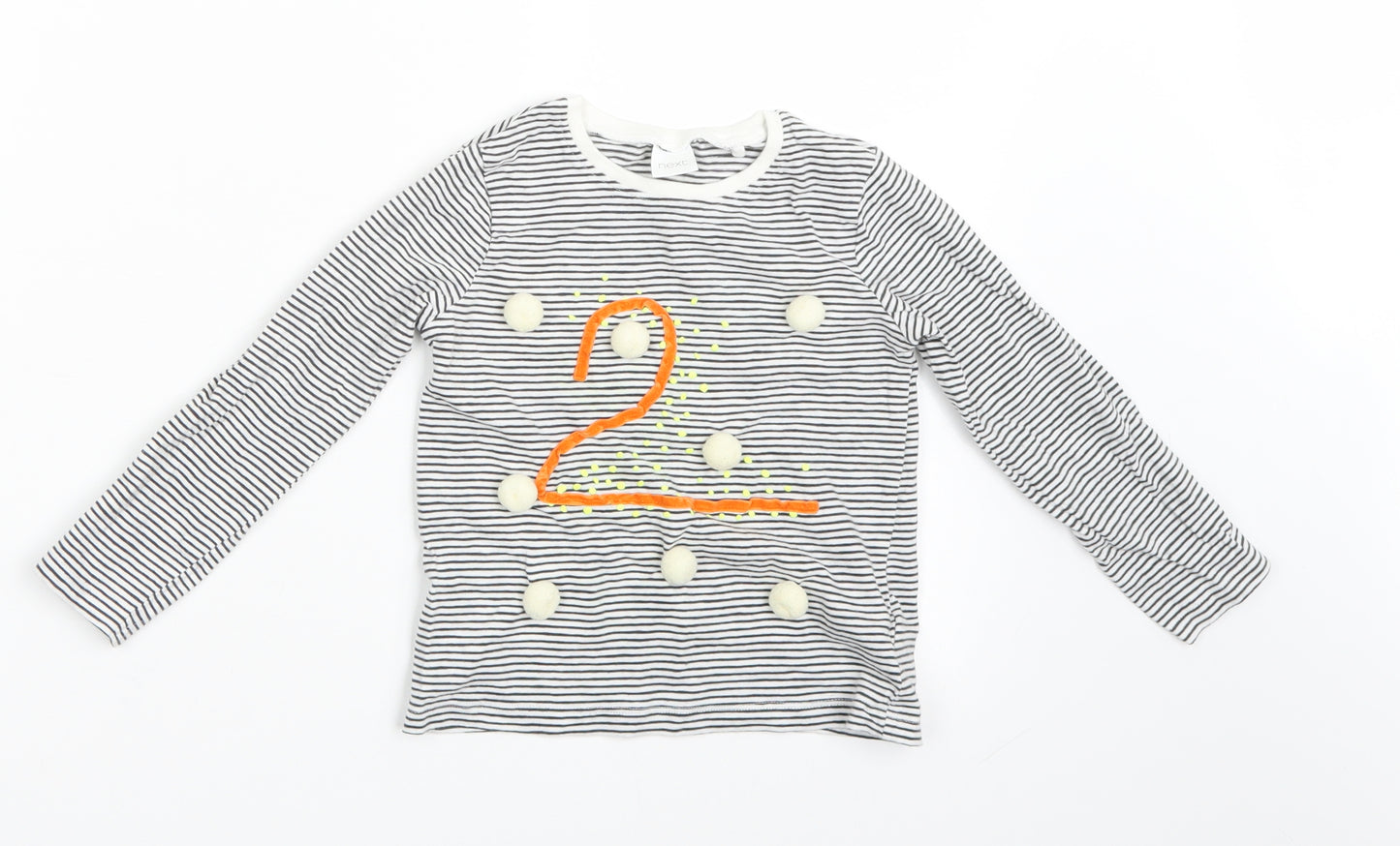 NEXT Girls Black Striped  Basic T-Shirt Size 2-3 Years  - Number 2 with Pompoms