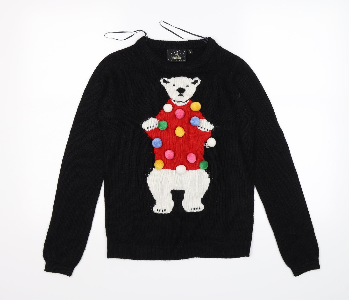 Brave Soul Womens Black  Knit Pullover Jumper Size 12  - pom pom polar