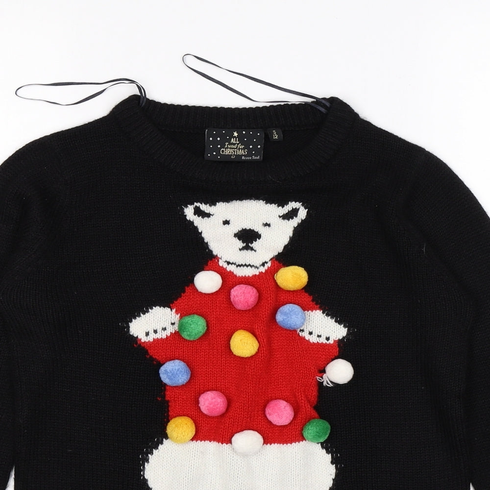 Brave Soul Womens Black  Knit Pullover Jumper Size 12  - pom pom polar