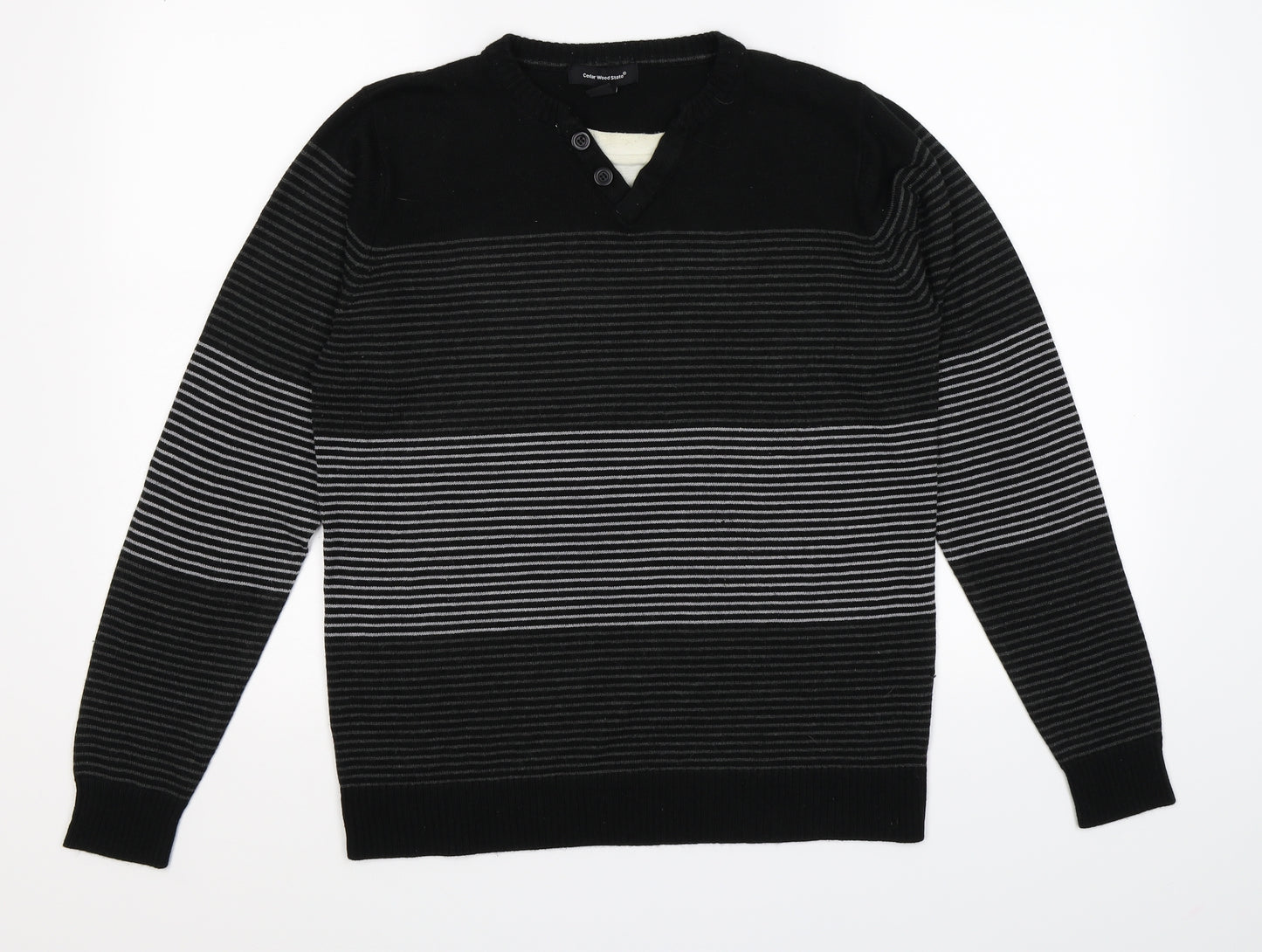 Cedar Wood State Mens Black Striped Knit Pullover Jumper Size M