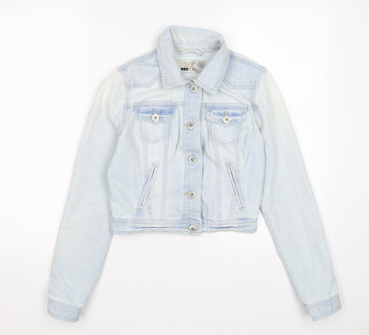 Front view of New Look women’s blue denim jacket, size UK 8