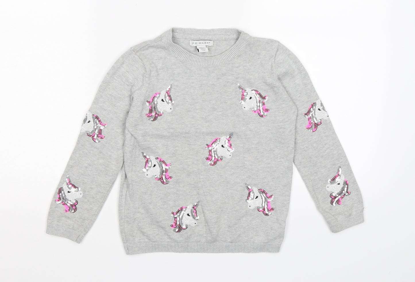 Primark Girls Grey  Knit Pullover Jumper Size 5-6 Years  - unicorn sequins