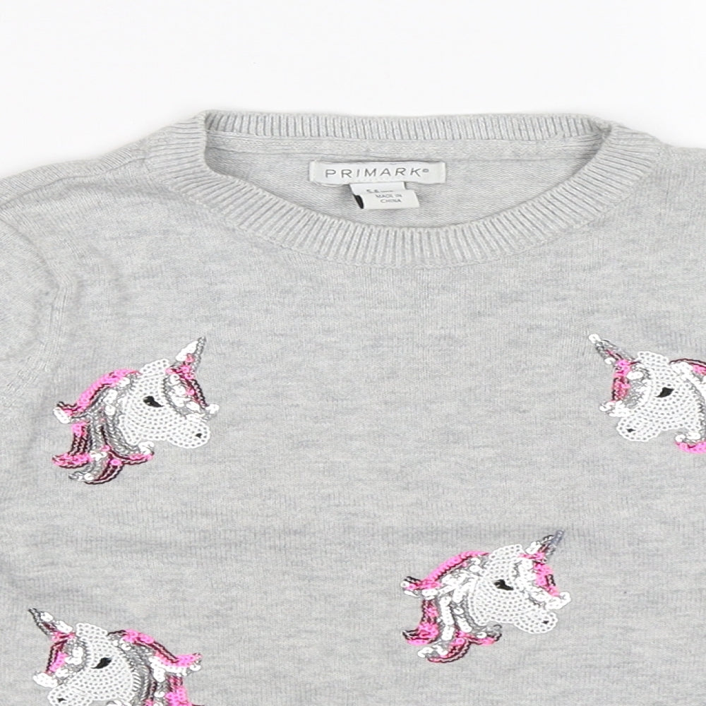 Primark Girls Grey  Knit Pullover Jumper Size 5-6 Years  - unicorn sequins