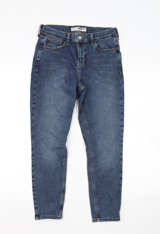 Front view of Topshop women’s blue cropped jeans, size UK 28, in, 24-inch leg