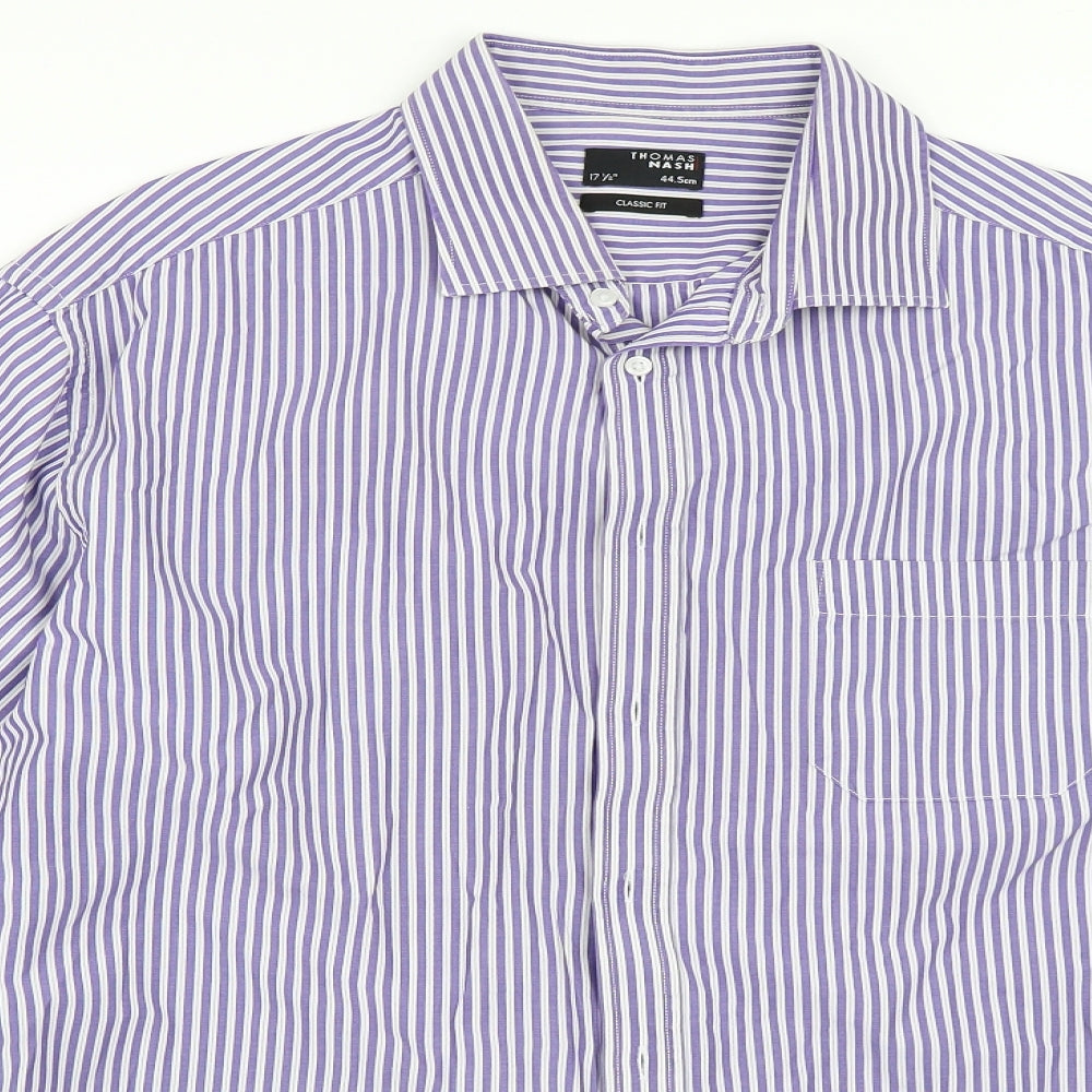 Thomas Nash Mens Blue Striped   Dress Shirt Size 17.5