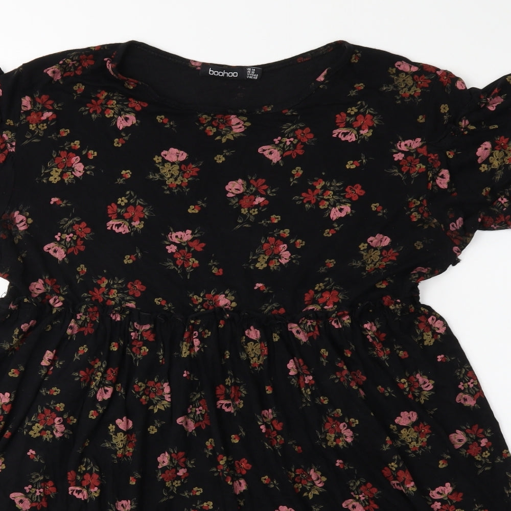 Boohoo Womens Black Floral  Basic T-Shirt Size 14