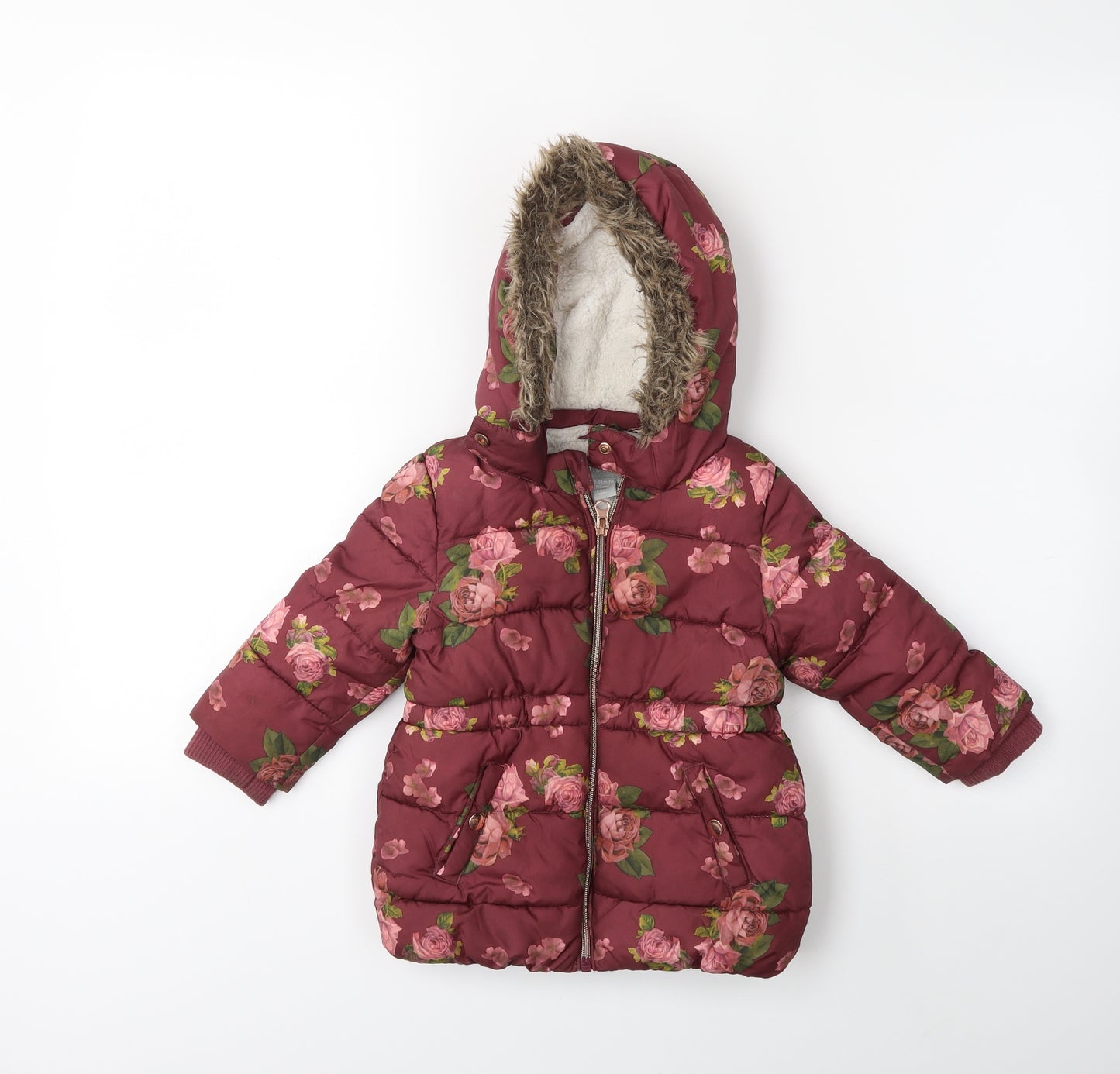 Primark Baby Red Floral Ramie Puffer Jacket Coat Size 12-18 Months