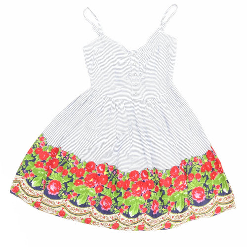 Lipsy Womens Blue Striped  Skater Dress  Size 8  - floral detail