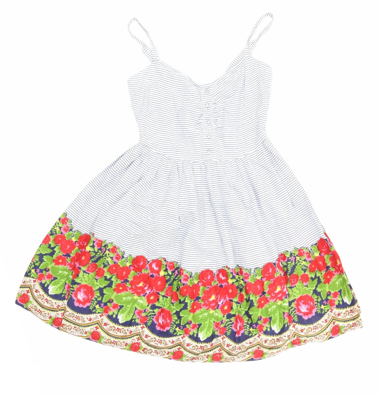 Lipsy Womens Blue Striped  Skater Dress  Size 8  - floral detail