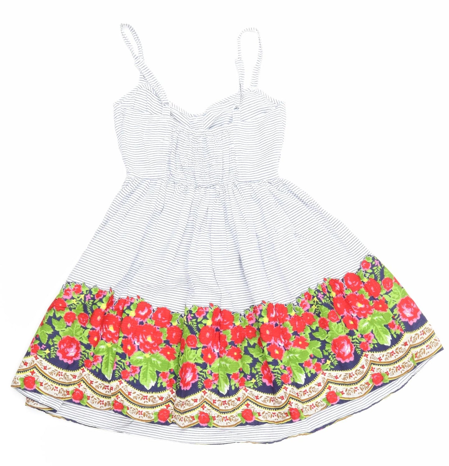 Lipsy Womens Blue Striped  Skater Dress  Size 8  - floral detail