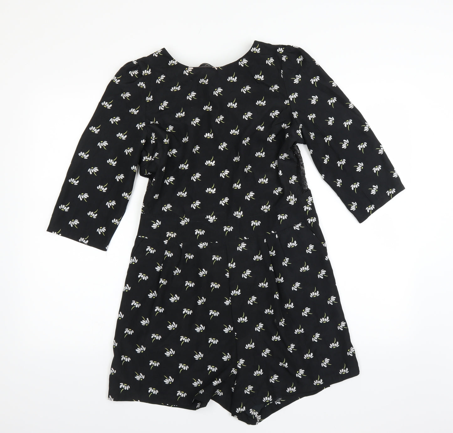 Boohoo Womens Black Floral  Playsuit One-Piece Size 12  - Lace Open Back