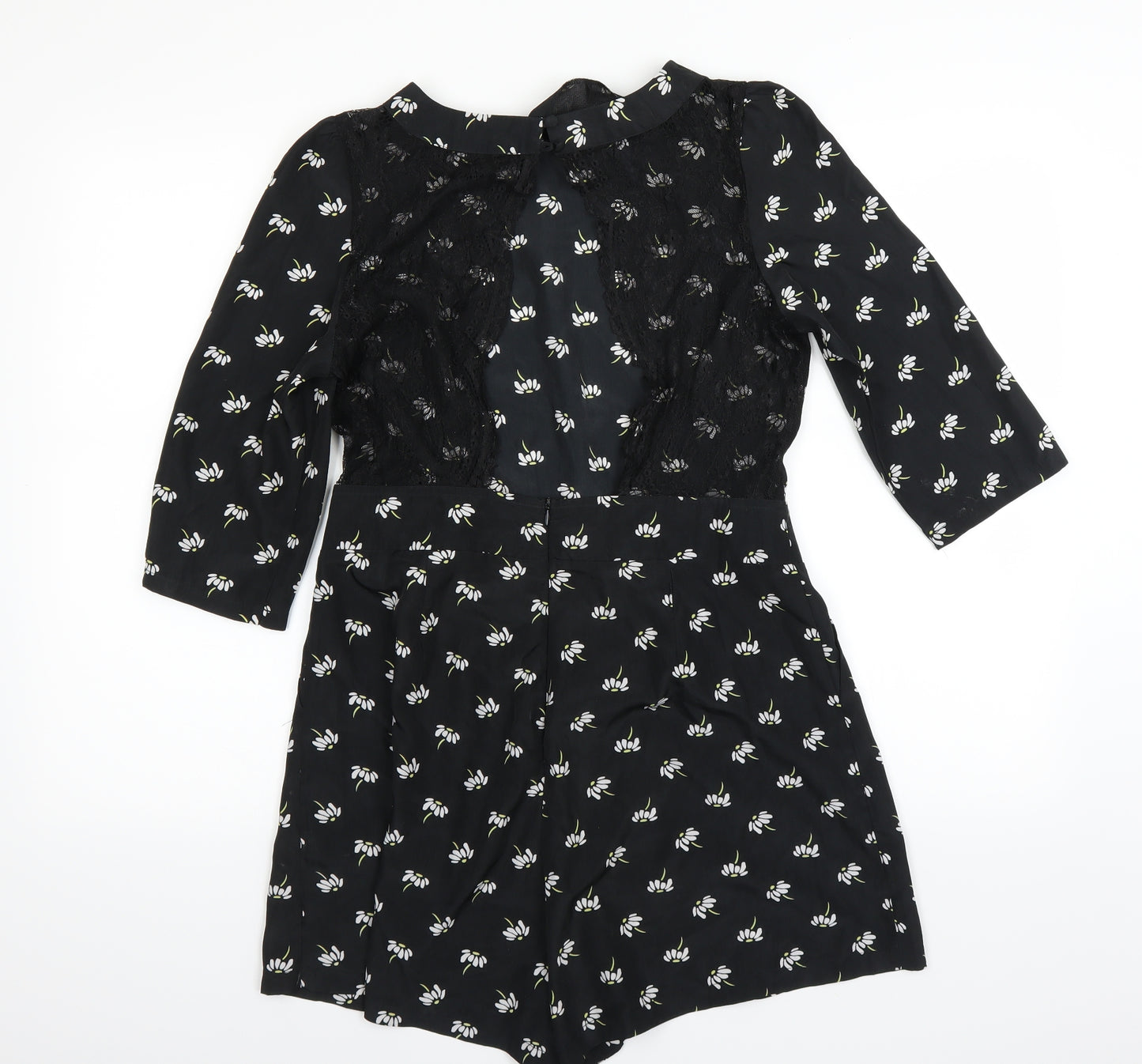 Boohoo Womens Black Floral  Playsuit One-Piece Size 12  - Lace Open Back