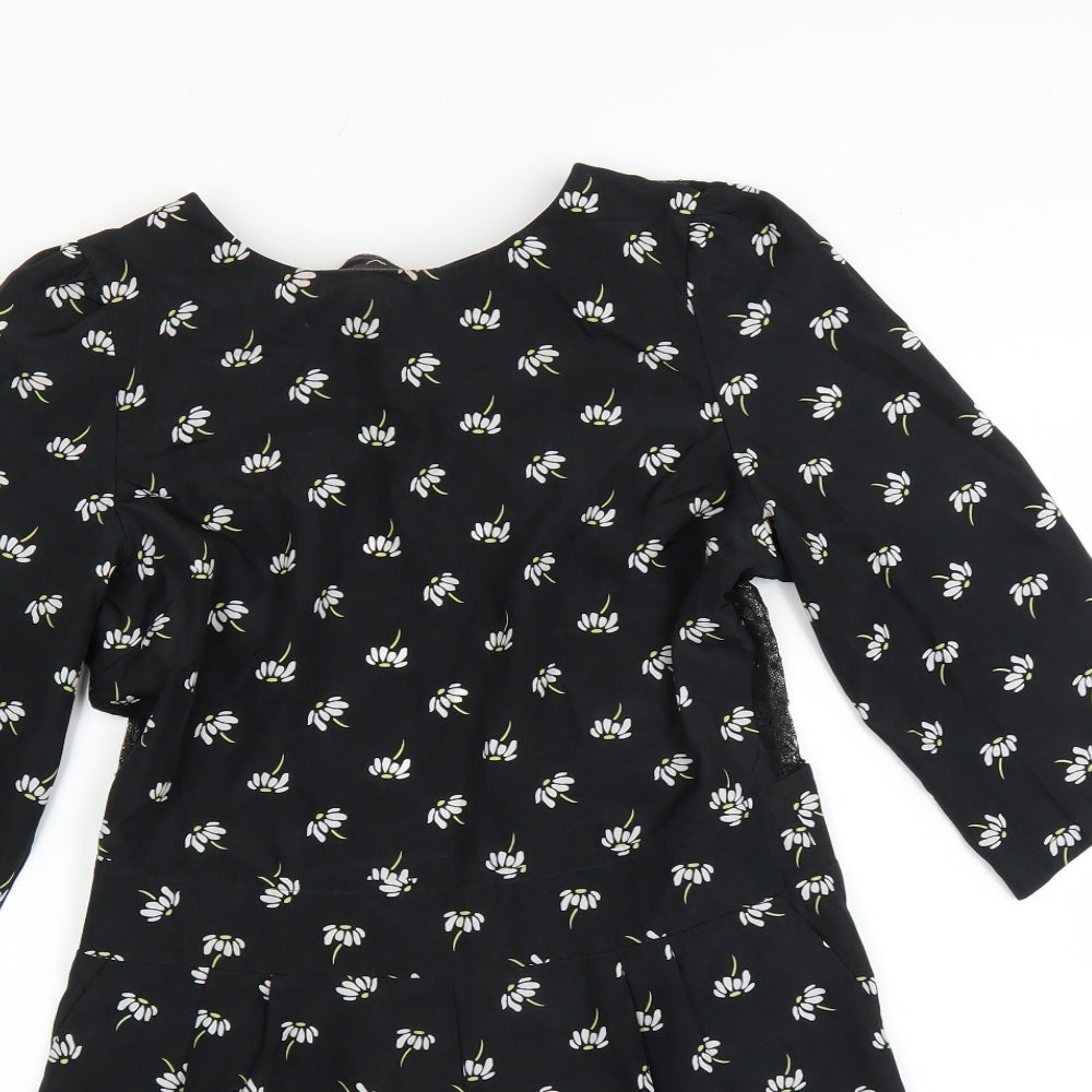 Boohoo Womens Black Floral  Playsuit One-Piece Size 12  - Lace Open Back