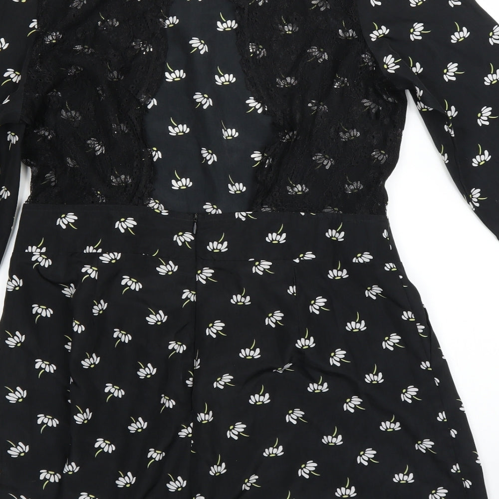 Boohoo Womens Black Floral  Playsuit One-Piece Size 12  - Lace Open Back