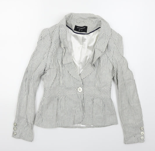 Front view of Atmosphere women’s blue striped jacket blazer, size UK 10