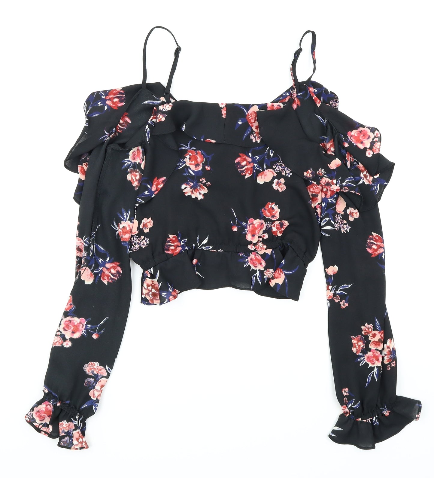 Divided Womens Black Floral  Cropped Blouse Size 8  - cold shoulder
