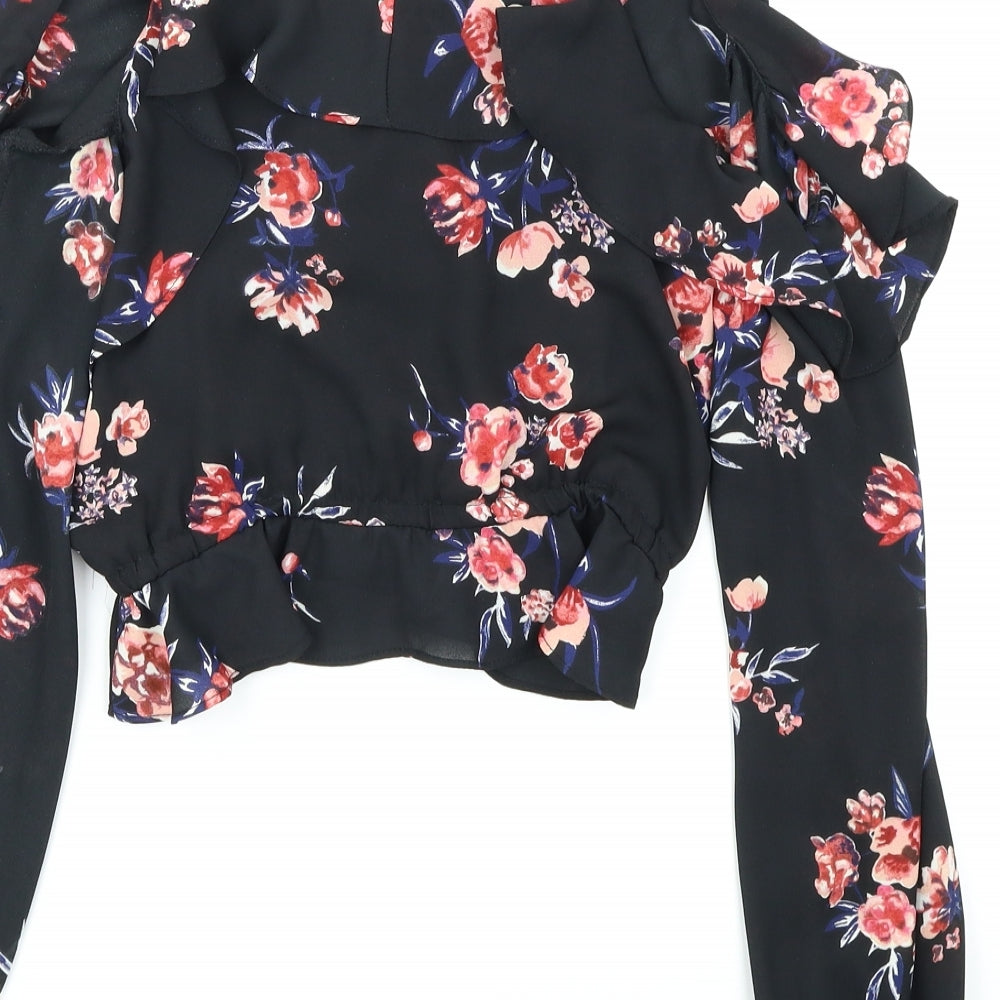 Divided Womens Black Floral  Cropped Blouse Size 8  - cold shoulder