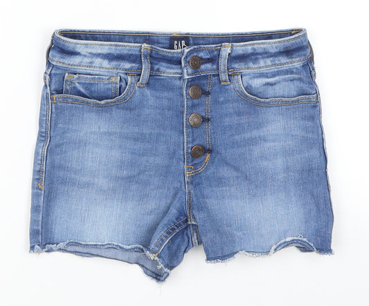 Front view of Gap girls’ blue hot pants shorts, size 10-11, years